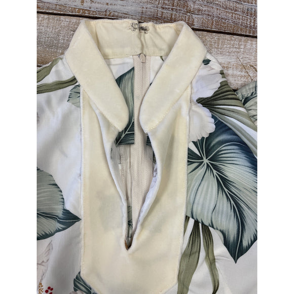 White Velvet Trim Mandarin Collar Hibiscus Dress