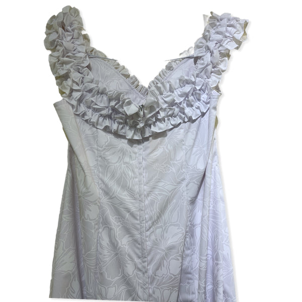 White Beach Wedding Dress in Hibiscus All Over Print | Baby Ruffle White Dress