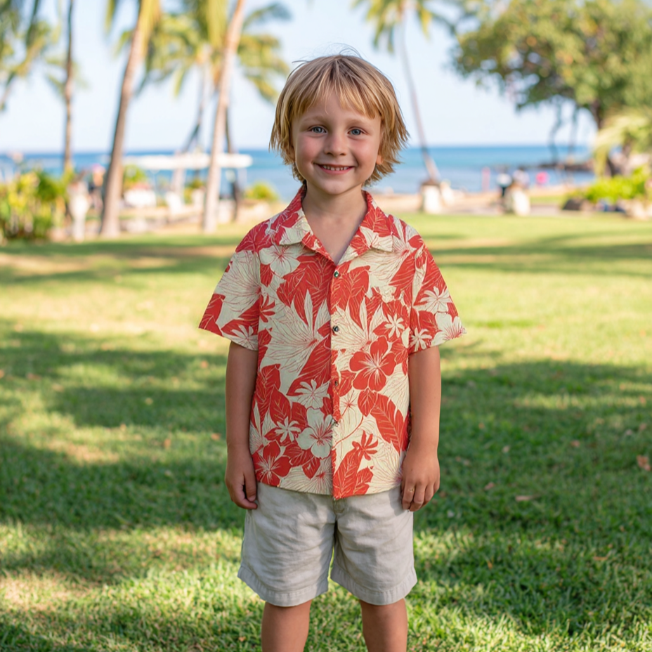 Cream and Red Hibiscus and Tiare Flower Boy's Shirt