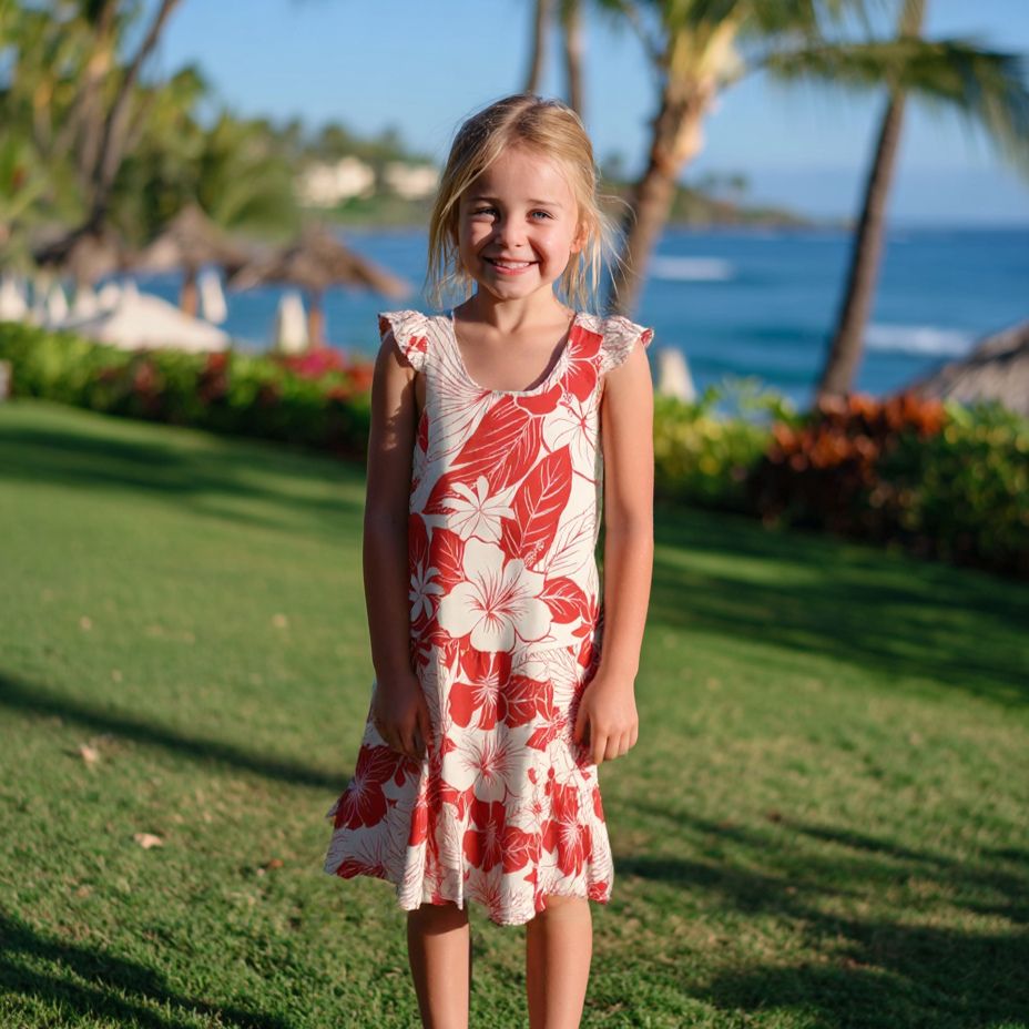 Red Hibiscus Girl's Hawaiian Dress