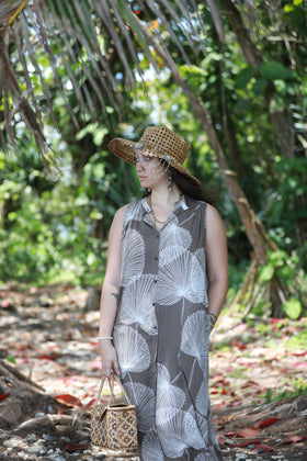 Rayon Shirt Dress with Pockets in Loulu Palm Leaf Print (Mid-Calf Length)
