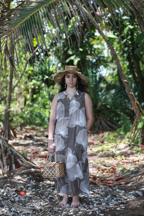 Rayon Shirt Dress with Pockets in Loulu Palm Leaf Print (Mid-Calf Length)