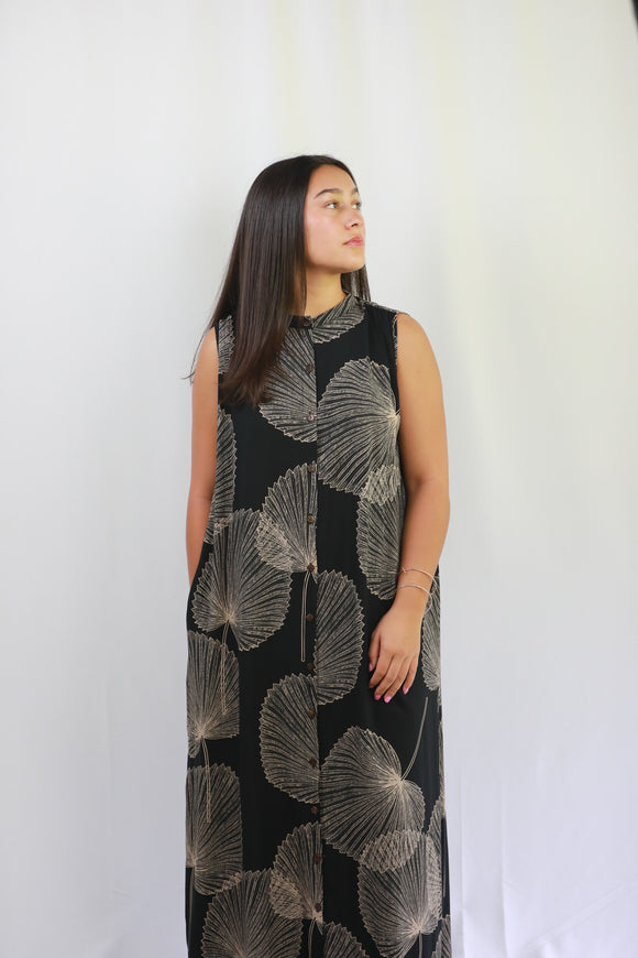 Rayon Shirt Dress with Pockets in Loulu Palm Leaf Print (Mid-Calf Length)
