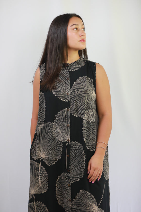 Rayon Shirt Dress with Pockets in Loulu Palm Leaf Print (Mid-Calf Length)