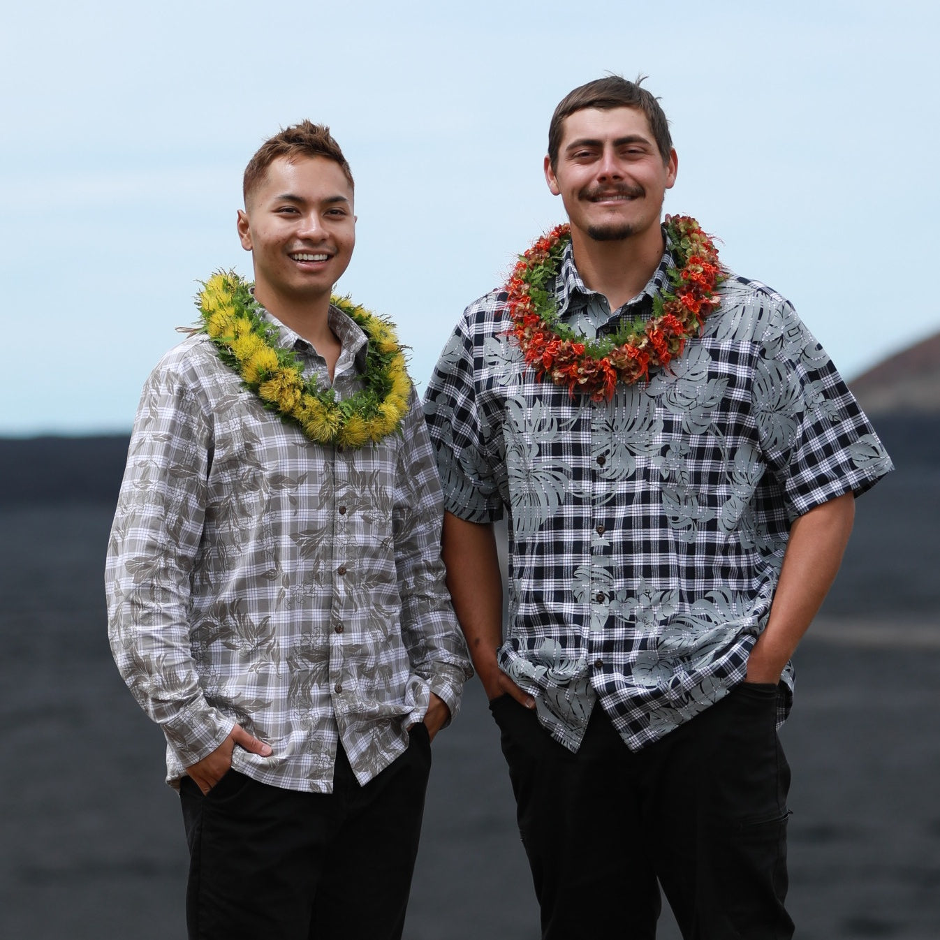 Hawaiian Vintage Style Palaka Shirt - Black with Monstera Print 018 - 0