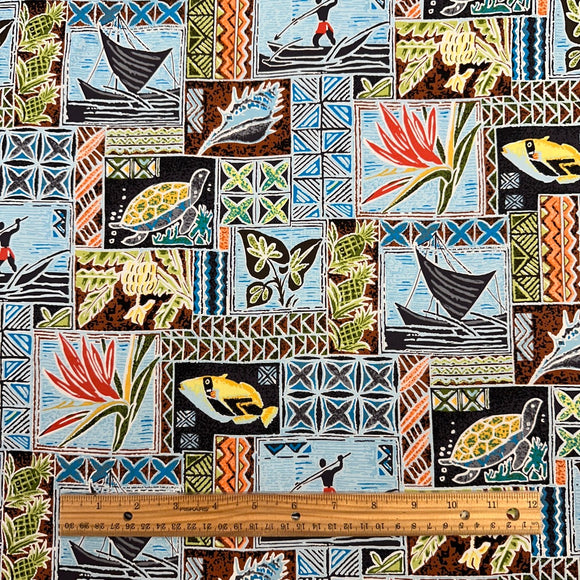 Light Blue Traditional Polynesian Pattern Fabric