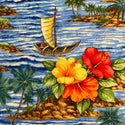 Blue fabric with catamaran and hibiscus