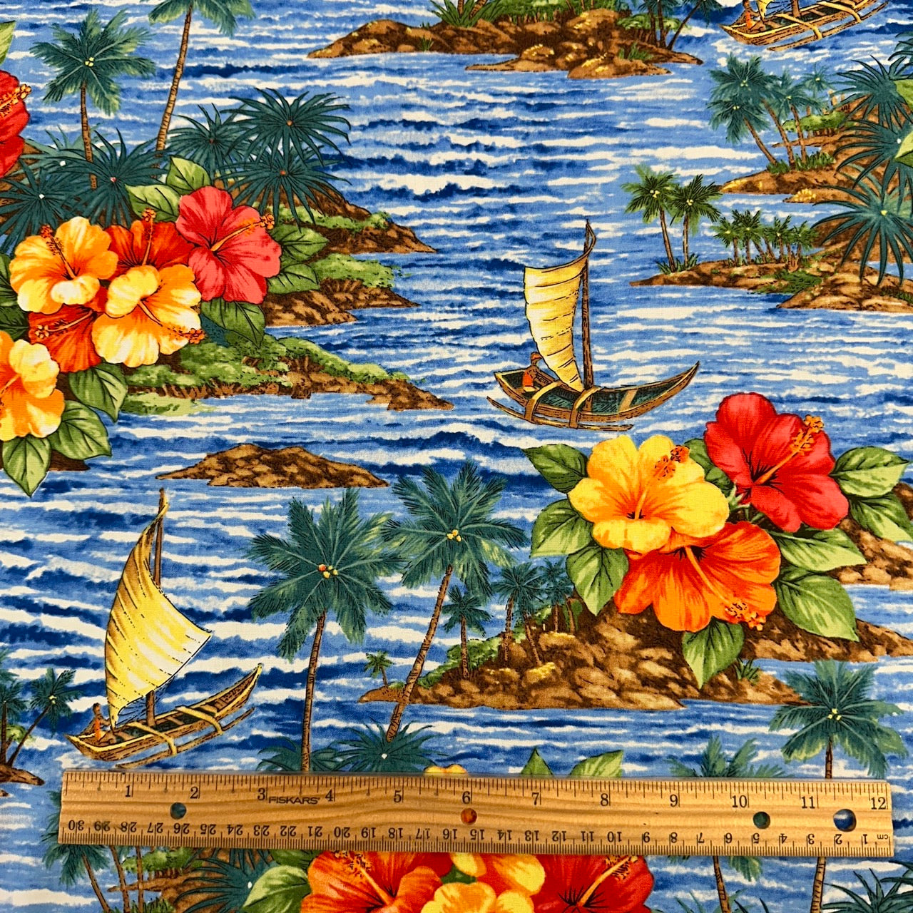 Blue fabric with catamaran and hibiscus - 0