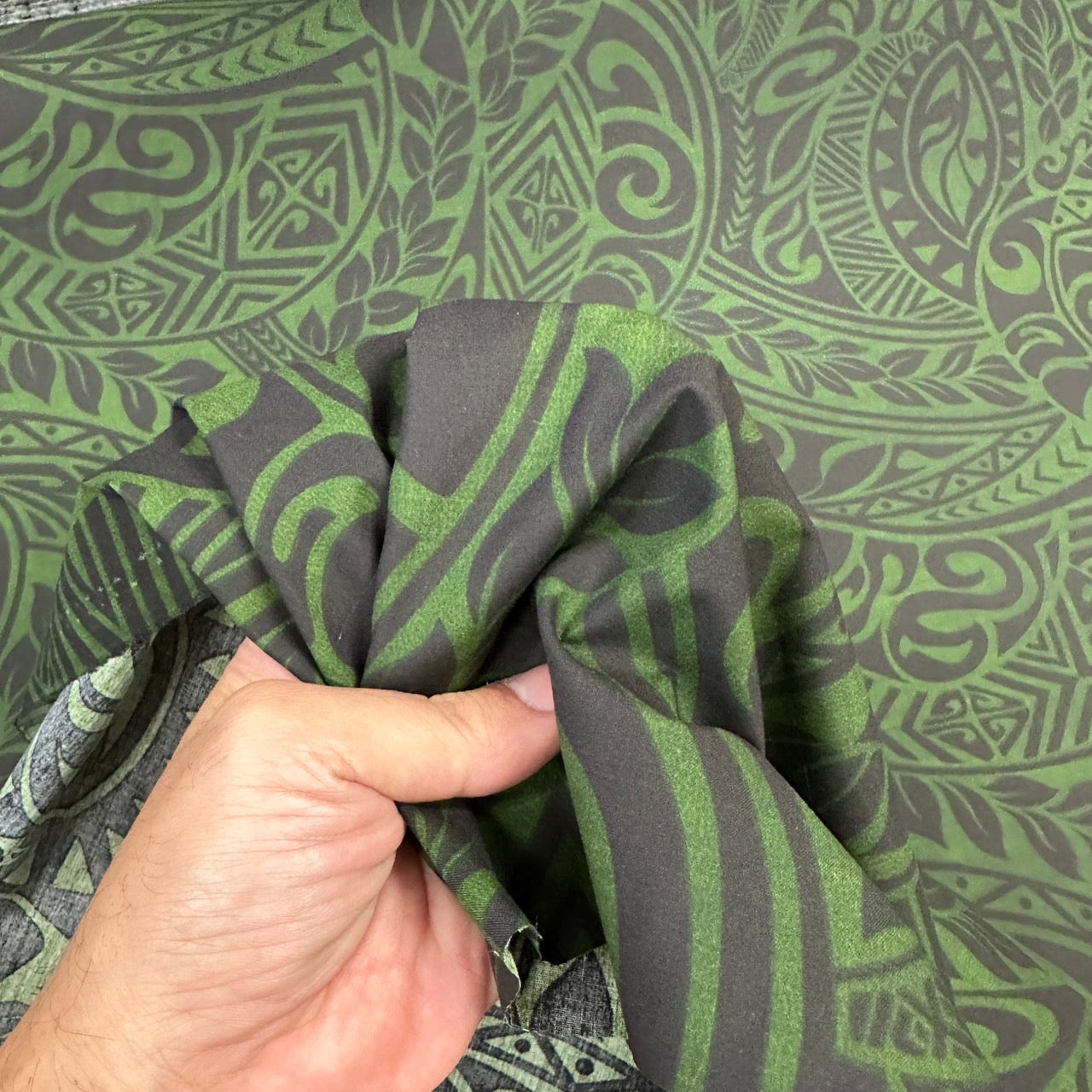 Polynesian Tribal Tapa Print Fabric / Dark Green and Black