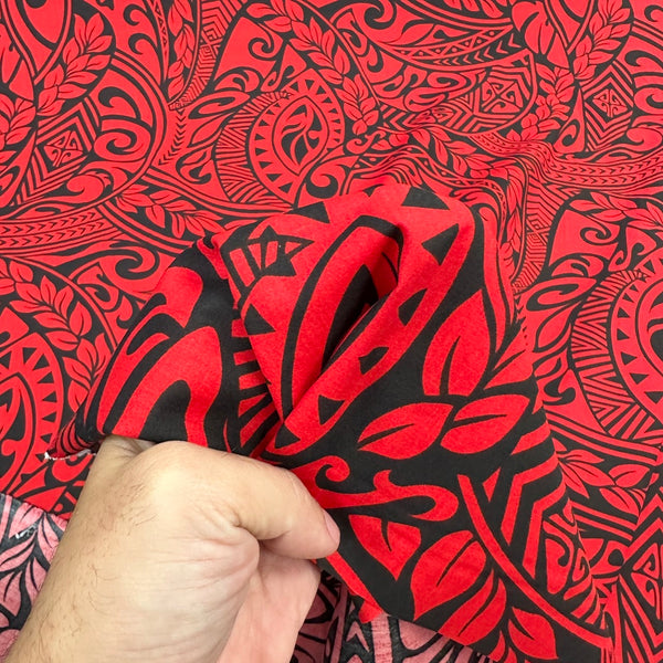 Polynesian Tribal Tapa Print Fabric / Red and Black