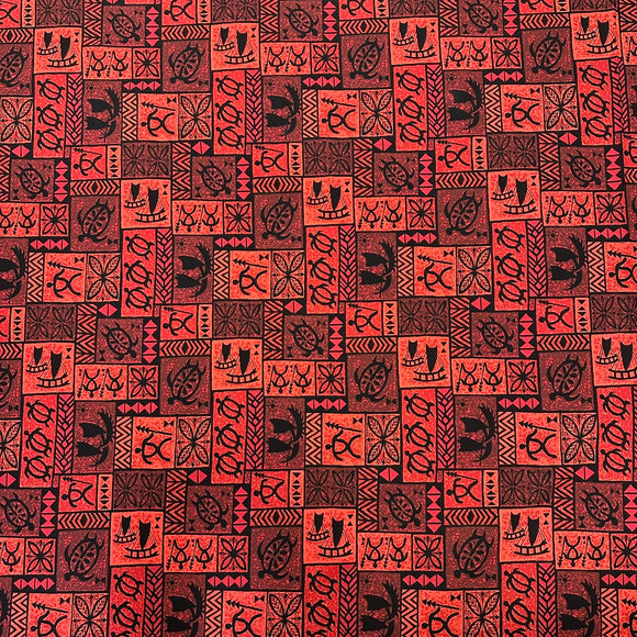Vintage Polynesian Print Fabric /  Red