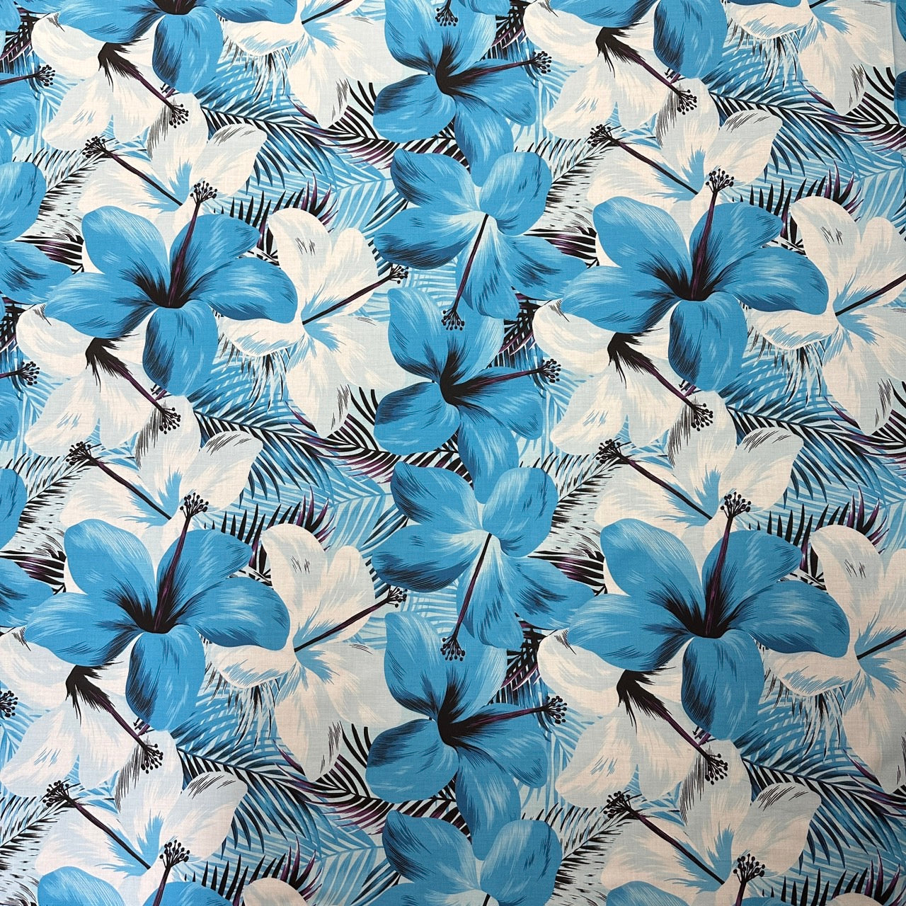 Blue & White Hibiscus Print Fabric Polycotton -1223FB-BLU3