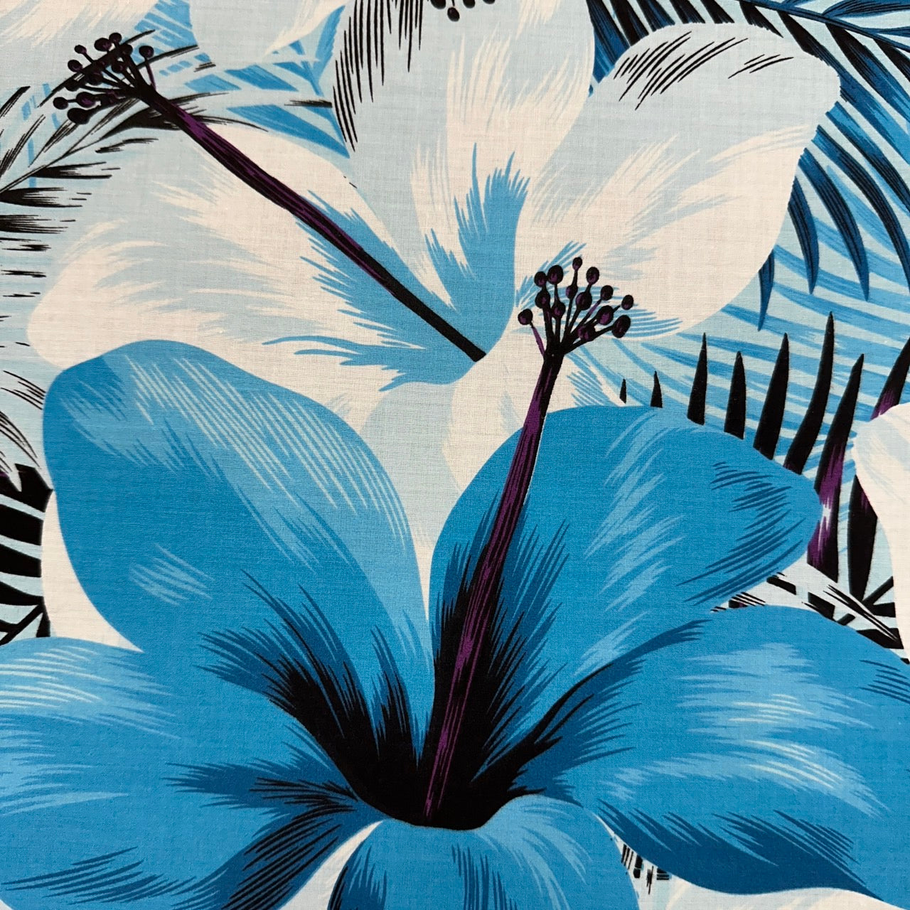 Blue & White Hibiscus Print Fabric Polycotton -1223FB-BLU3