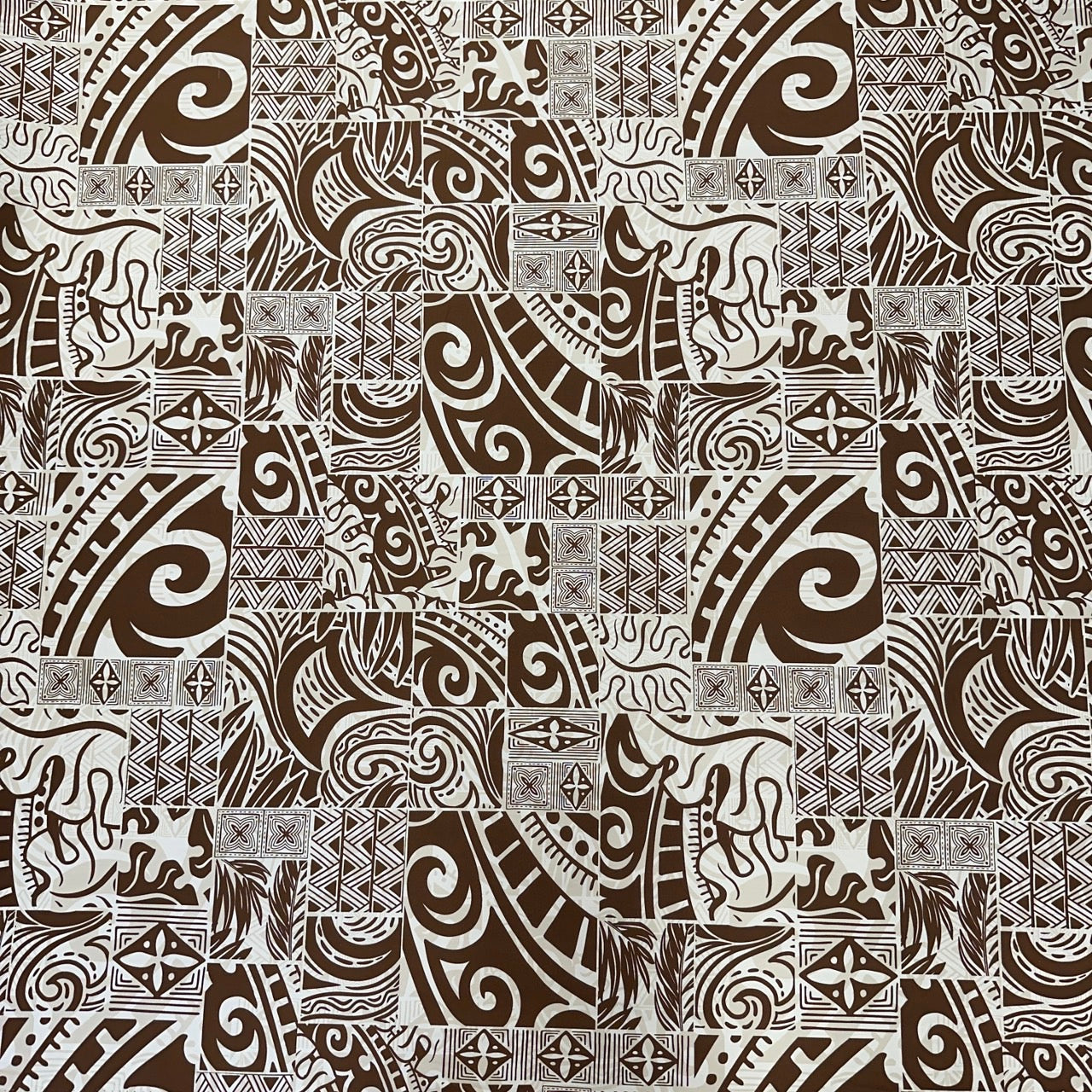 Tapa Hawaiian Print Fabric 100%Cotton/ Brown and White -1223FB-BRO2