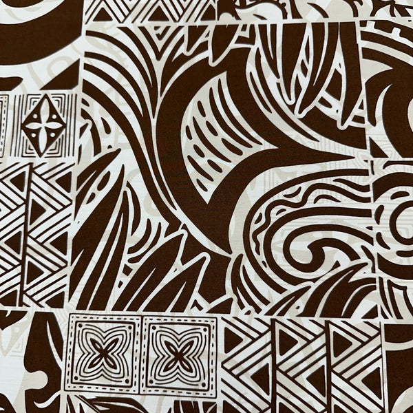 Tapa Hawaiian Print Fabric 100%Cotton/ Brown and White -1223FB-BRO2