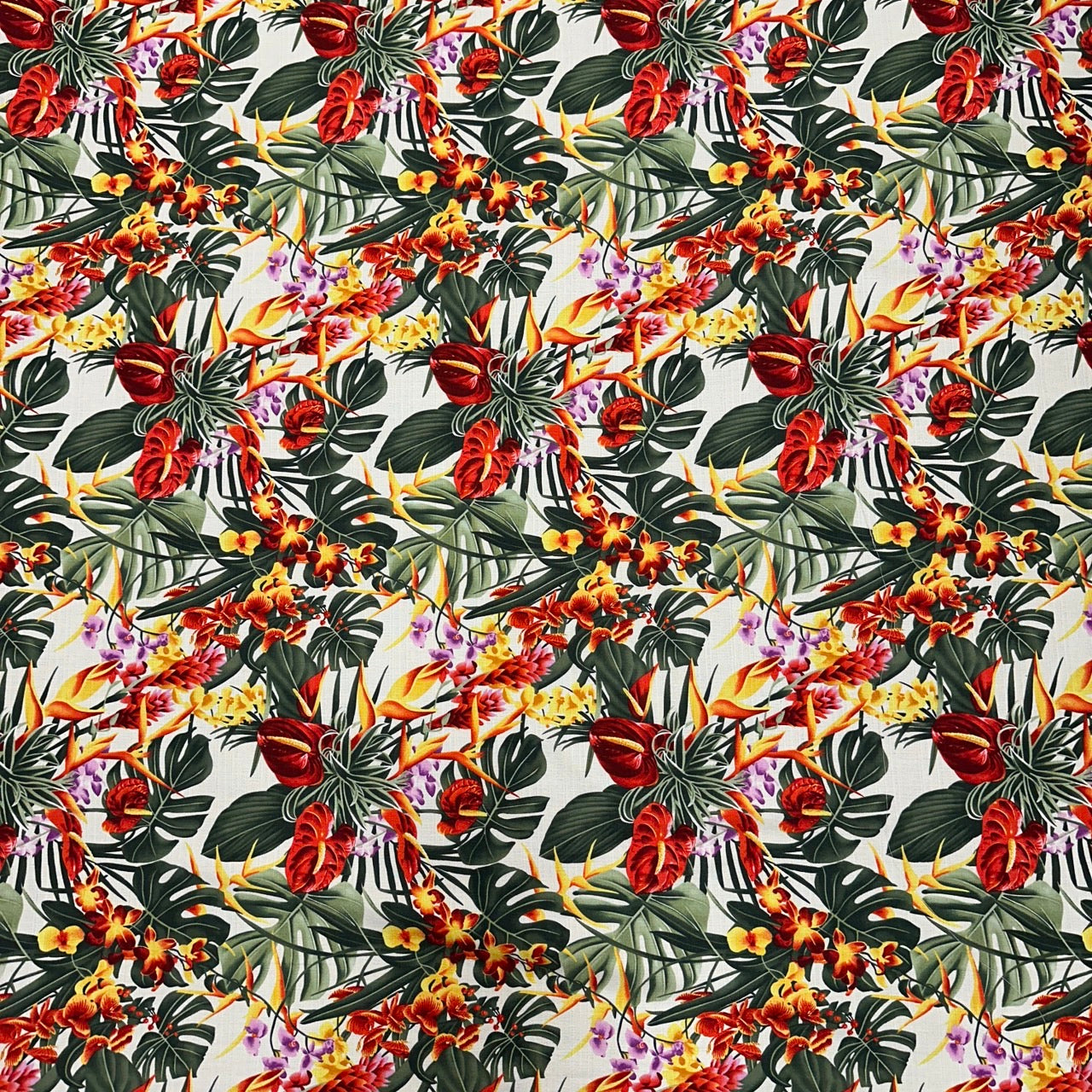 Tropical Leaf & Floral Hawaiian Print Fabric / White Background -1223FB-WH3