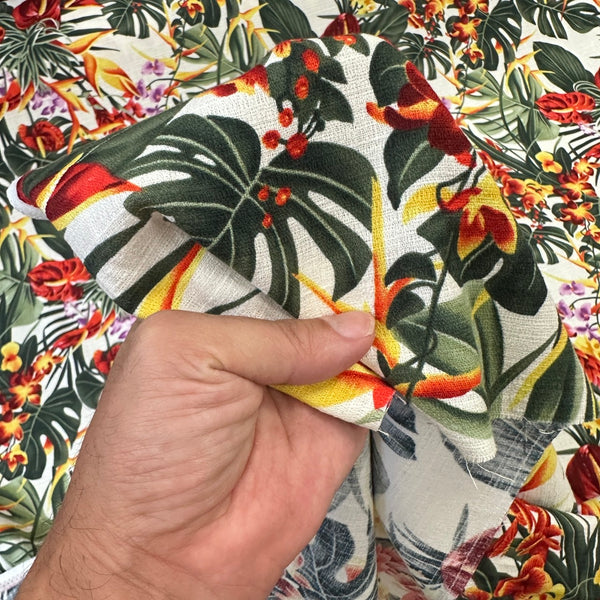 Tropical Leaf & Floral Hawaiian Print Fabric / White Background -1223FB-WH3