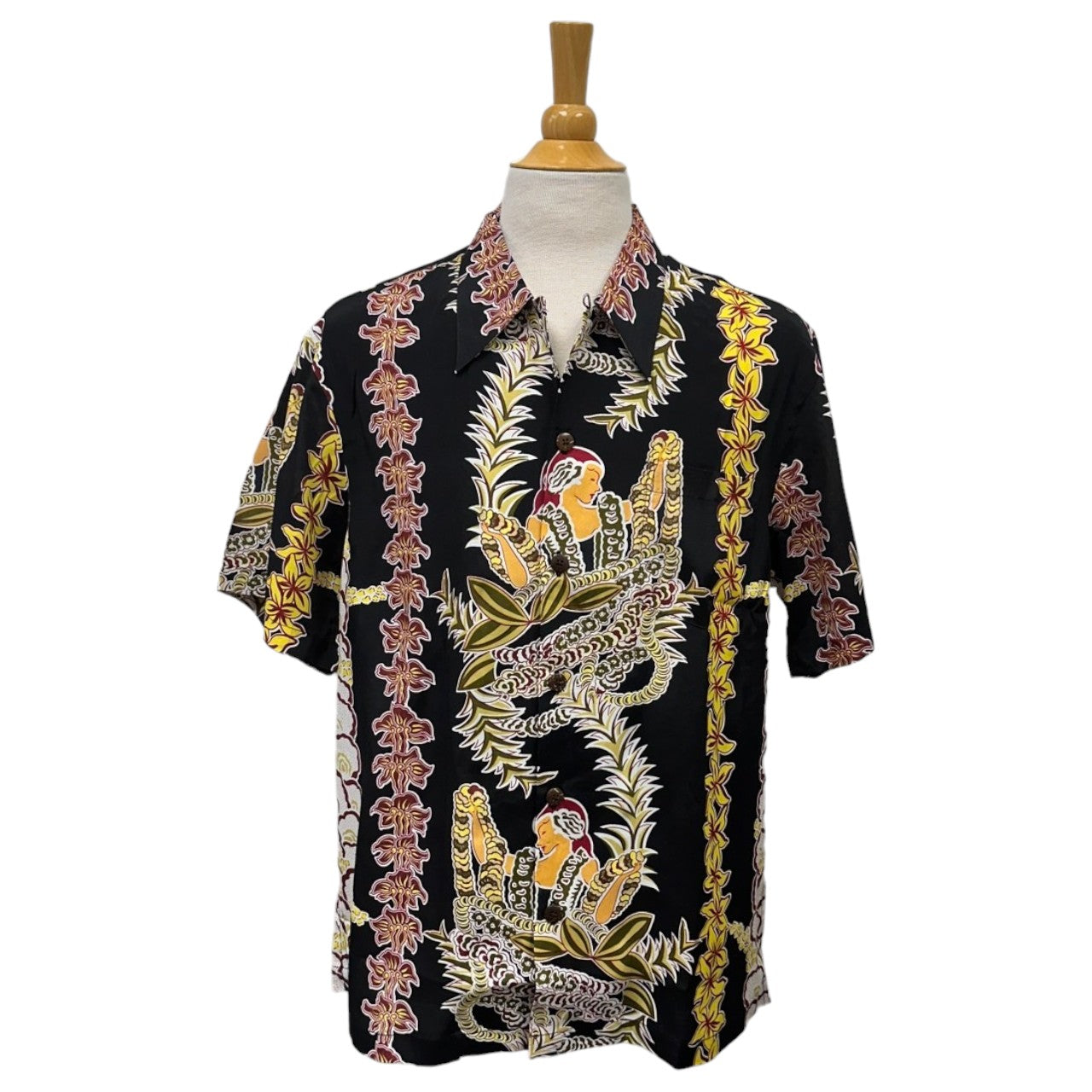 Vintage Prints Hula Girl & Flower Lei Print Aloha Shirts Black | Vintage Aloha Shirts Brand: Kamehameha