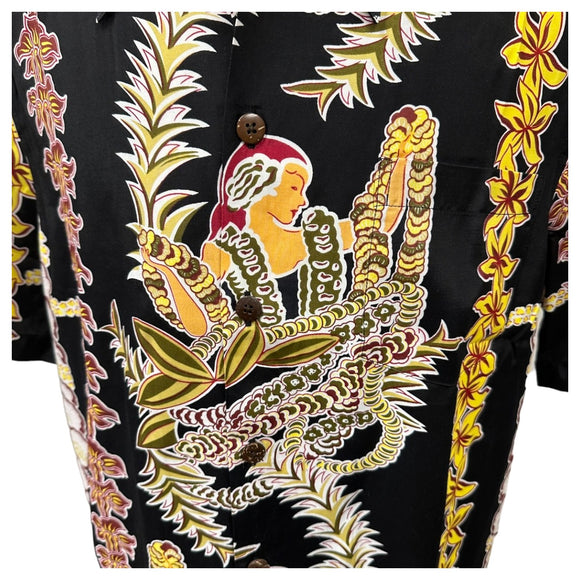 Vintage Prints Hula Girl & Flower Lei Print Aloha Shirts Black | Vintage Aloha Shirts Brand: Kamehameha