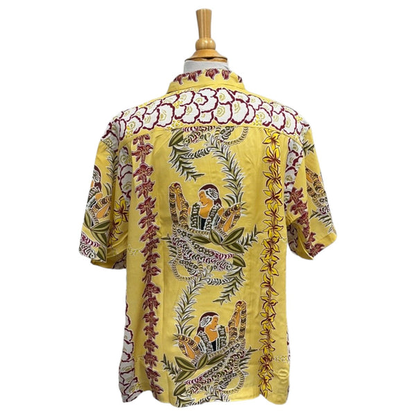 Vintage Prints Hula Girl & Flower Lei Print Hawaiian Shirt Yellow | Vintage Aloha Shirts Brand: Kamehameha