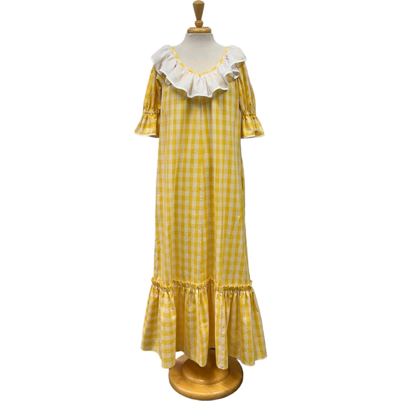 Hawaiian Yellow Palaka Muumuu with White Ruffle 8631