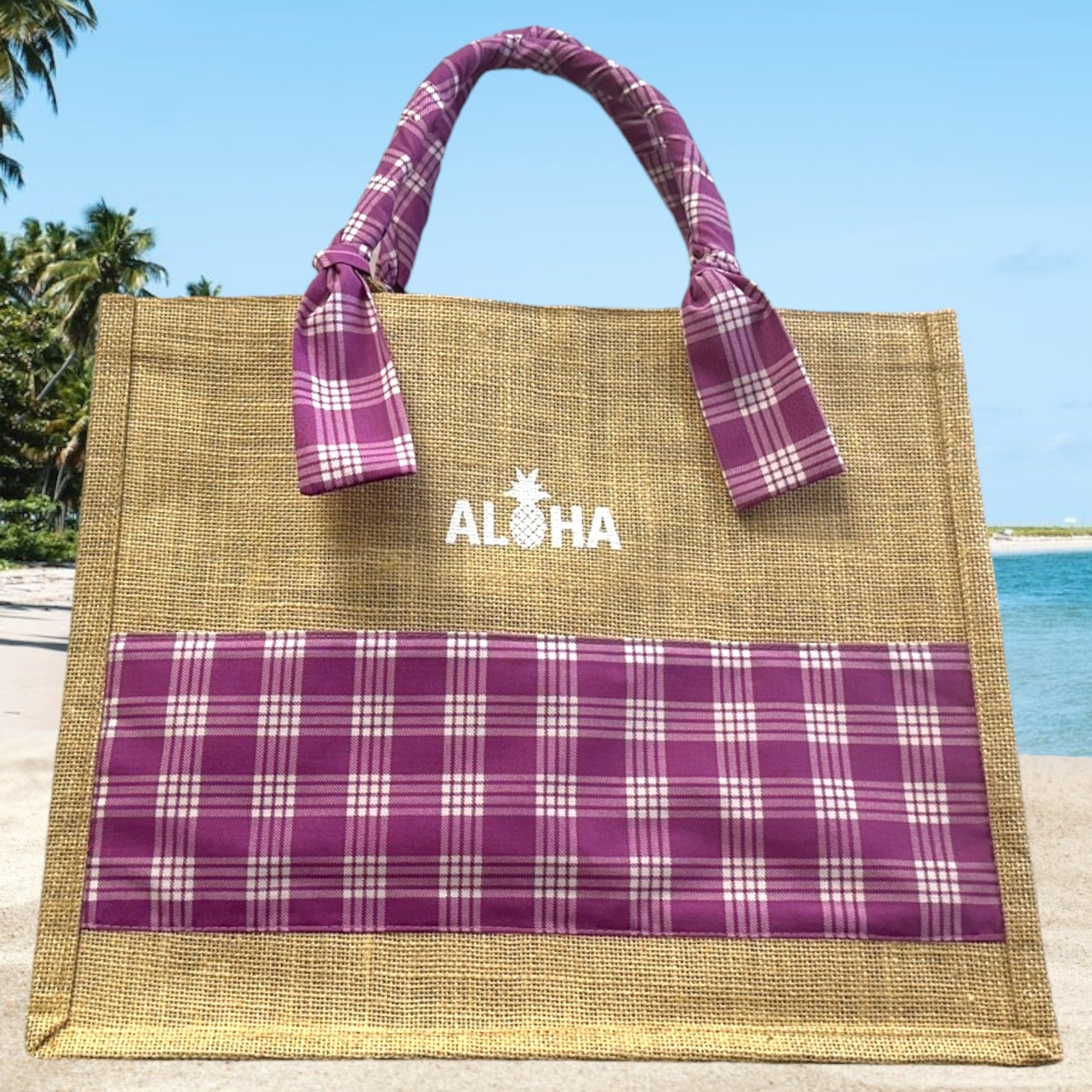 hawaii_burlap_tote_bag_purple