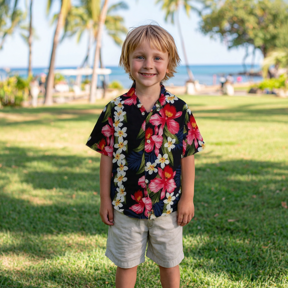 ハイビスカスとリーフィージャングルレーヨンアロハシャツ|ブラック