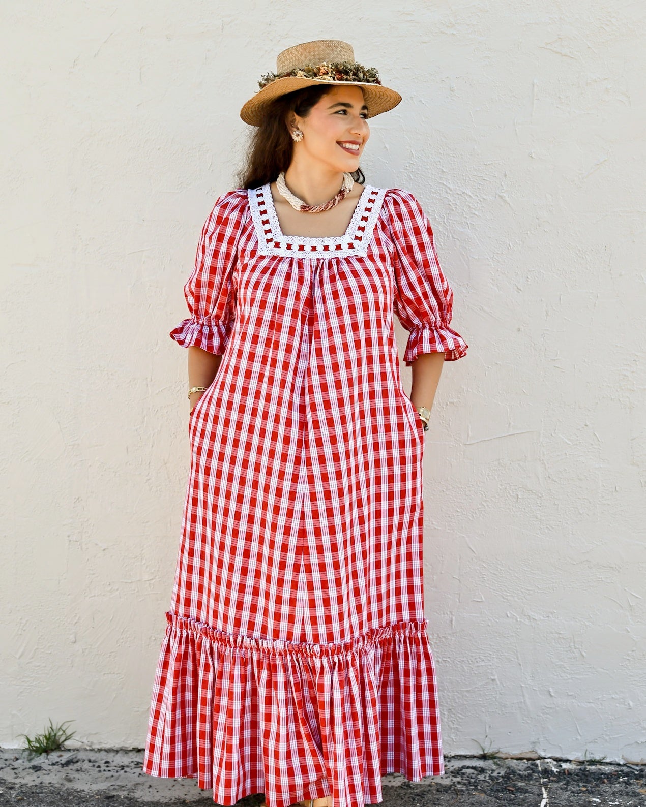 Red Palaka Vintage Style Muumuu With White Lace Trim 8891 - 0