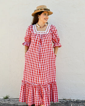 Red Palaka Vintage Style Muumuu With White Lace Trim 8891 - 0