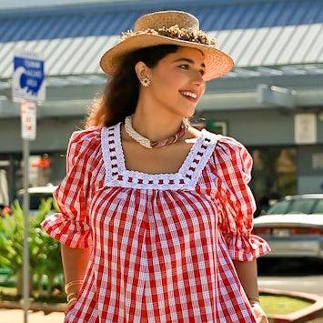 Red Palaka Vintage Style Muumuu With White Lace Trim 8891