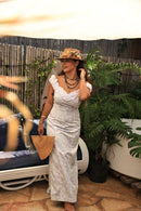 ホワイトクルーネックパフスリーブティアレフラワープリントハワイアンドレス-1