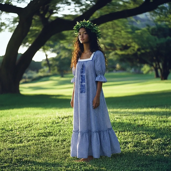 Gingham Lace Trim Muumuu Dress – 100% Cotton / Muumuu Month Sale