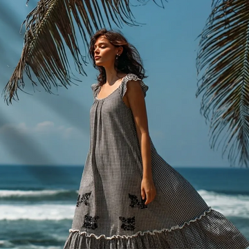 Gingham Hawaiian Muumuu Dress  – Shoulder Tie Ruffle Style - 0