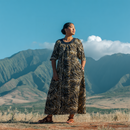 Midnight Bloom Muumuu Dress with Brown Leaf Print and Black Collar / MR144-1