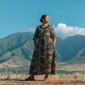 Midnight Bloom Muumuu Dress with Brown Leaf Print and Black Collar / MR144