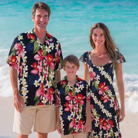 Orchid & Plumeria Matching Outfits in Navy – For Couples & Families