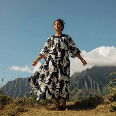 3/4 Sleeve Hawaiian Muumuu With Velvet Yoke - MikaLynn Rayon