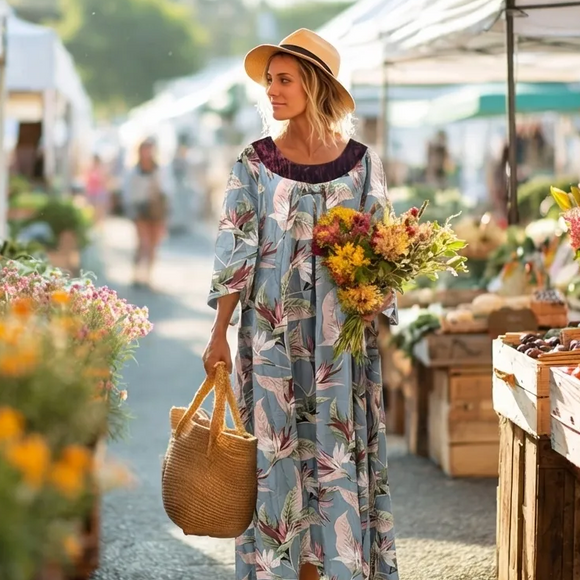 3/4 Sleeve Hawaiian Muumuu With Velvet Yoke - MikaLynn Rayon