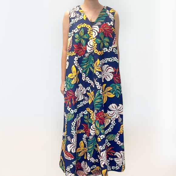 3wayNeckStyleComfortableLongDressNavyHibiscus