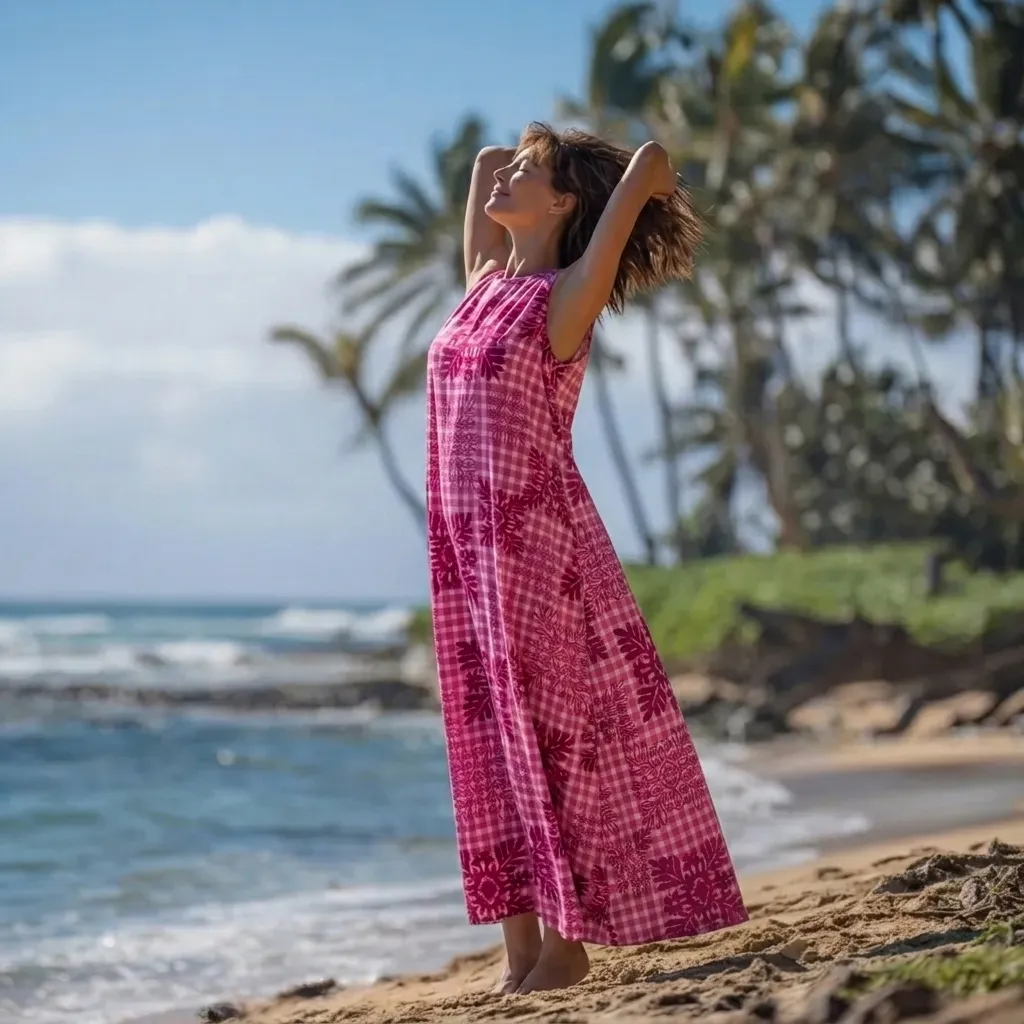 Palaka Hawaiian Quilt Print 2-Way Neck A-Line Dress / MR143