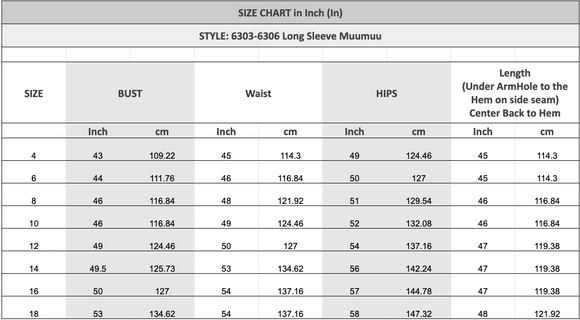 Beautiful Long Sleeve Muumuu Hawaiian Dress 6303 6306