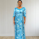 Aqua Blue Hawaiian Puff Sleeve Long Dress