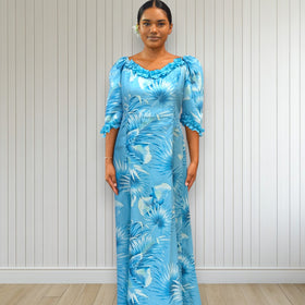 Aqua Blue Hawaiian Puff Sleeve Long Dress