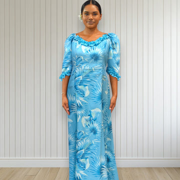 Aqua Blue Hawaiian Puff Sleeve Long Dress