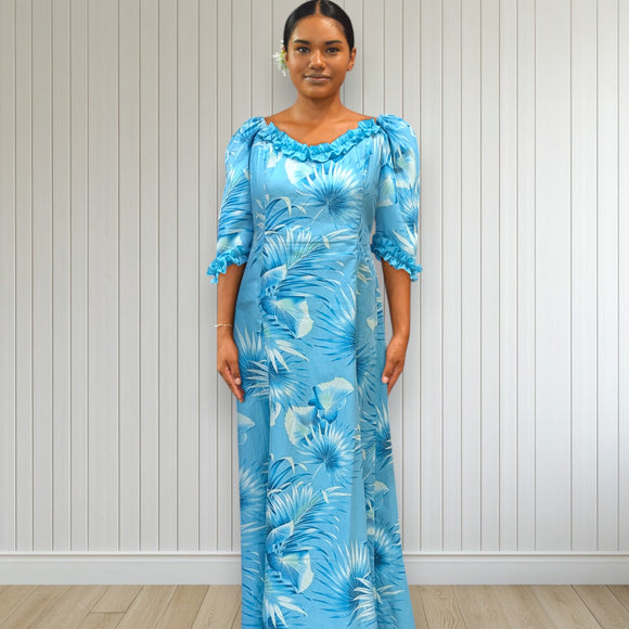Aqua Blue Hawaiian Puff Sleeve Long Dress