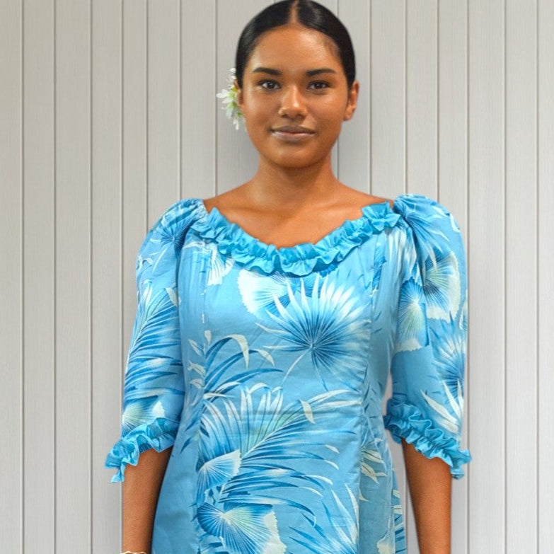 Blue Fern Elegance Hawaiian Long Flare Dress / Muumuu Mall 12 Blue Fern Elegance Hawaiian Long Flare Dress / Muumuu Mall 12