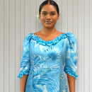 Aqua Blue Hawaiian Puff Sleeve Long Dress