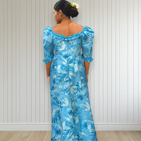 Aqua Blue Hawaiian Puff Sleeve Long Dress