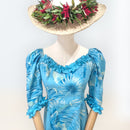 Aqua Blue Hawaiian Puff Sleeve Long Dress