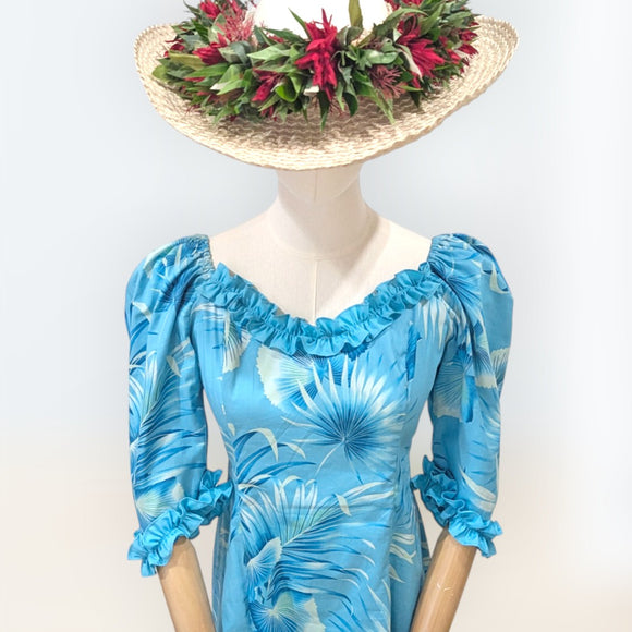 Aqua Blue Hawaiian Puff Sleeve Long Dress